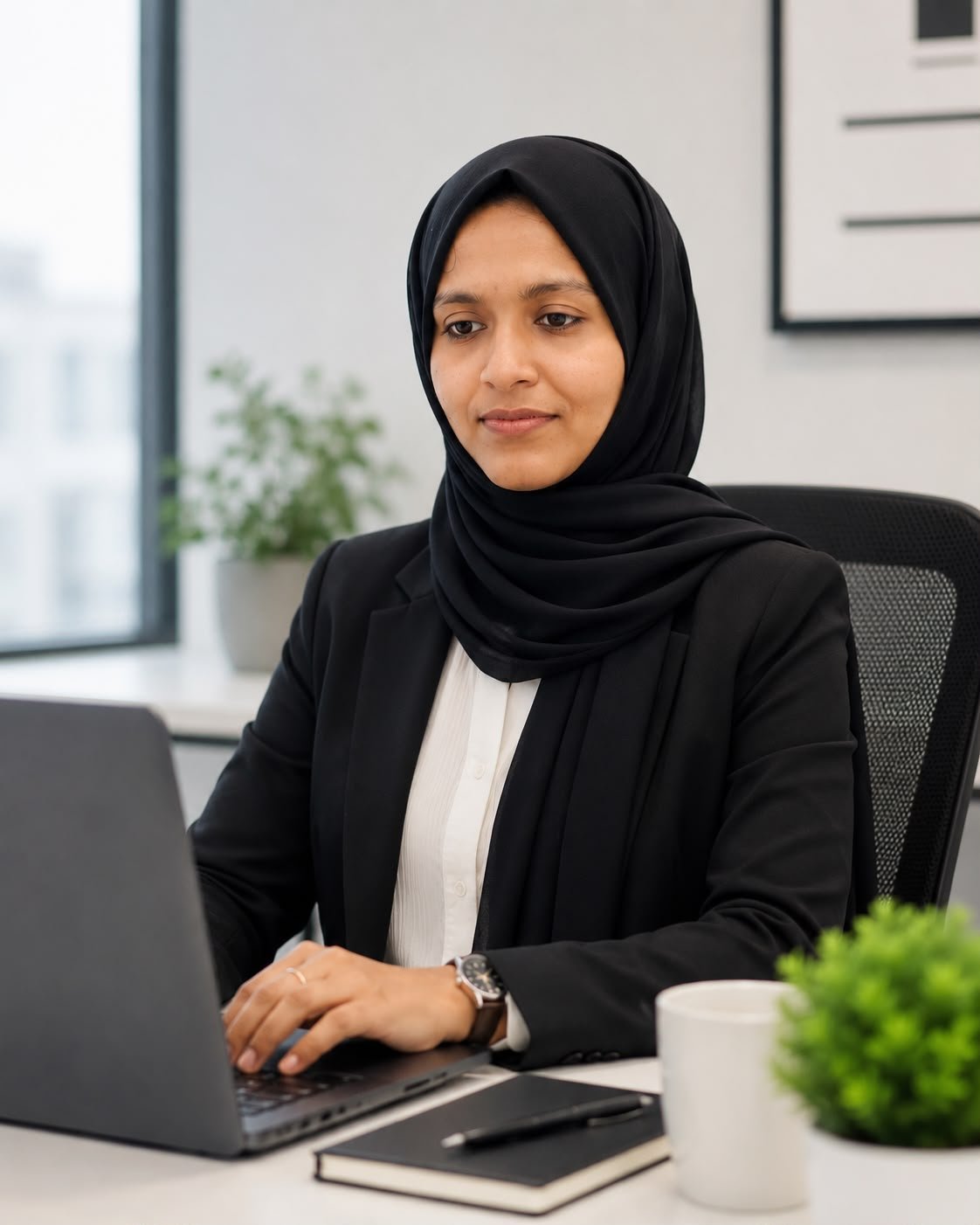 Fathimath Sharmina working at her laptop